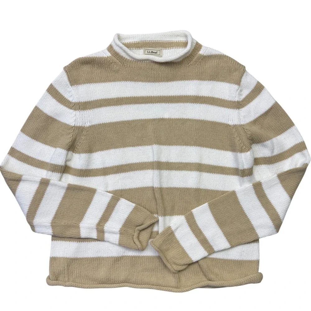VTG LL Bean Women Roll Neck Sweater XS Tan White Striped 100% Cotton Nautical